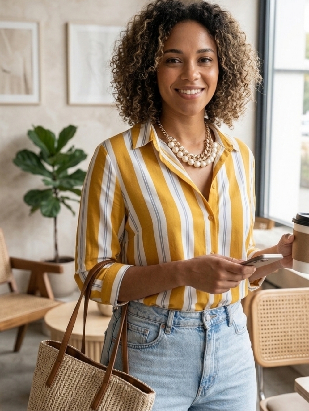 Yellow white button blouse